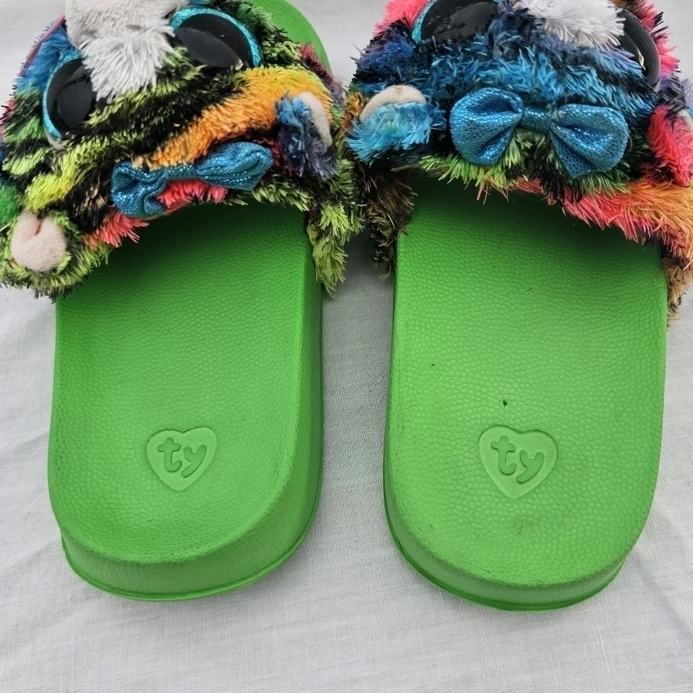 Ty - Fashion Slipper Slides - size 11-13 green and multicolored cat Tigerly-